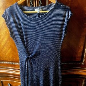 Max Studio Women's Stripe Knit Cap Sleeve Asymmetrical Dress in Navy/White - S